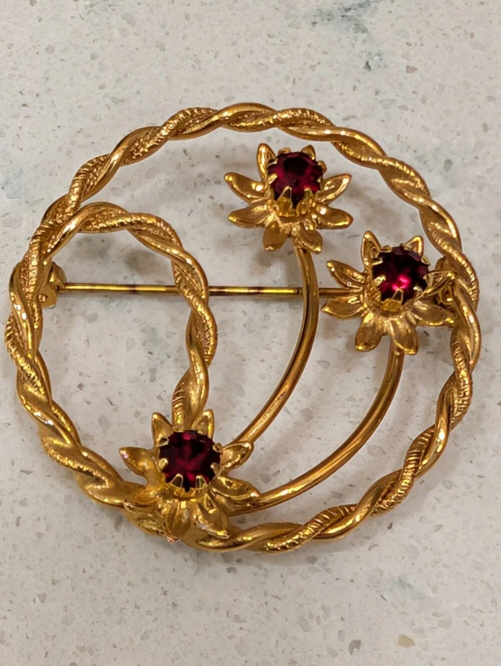 Vintage Gold-Tone Floral Heart and Circular Brooch Set with Red Stones